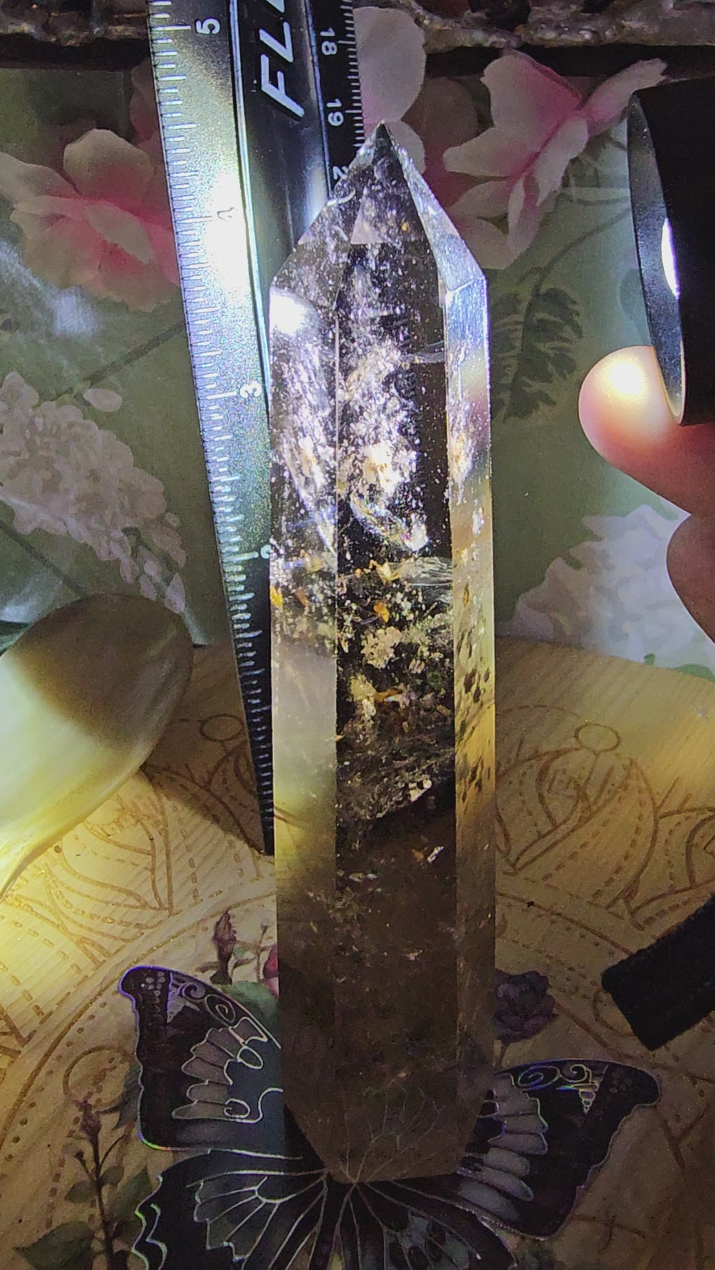 Smokey citrine tower with pyrite inclusions