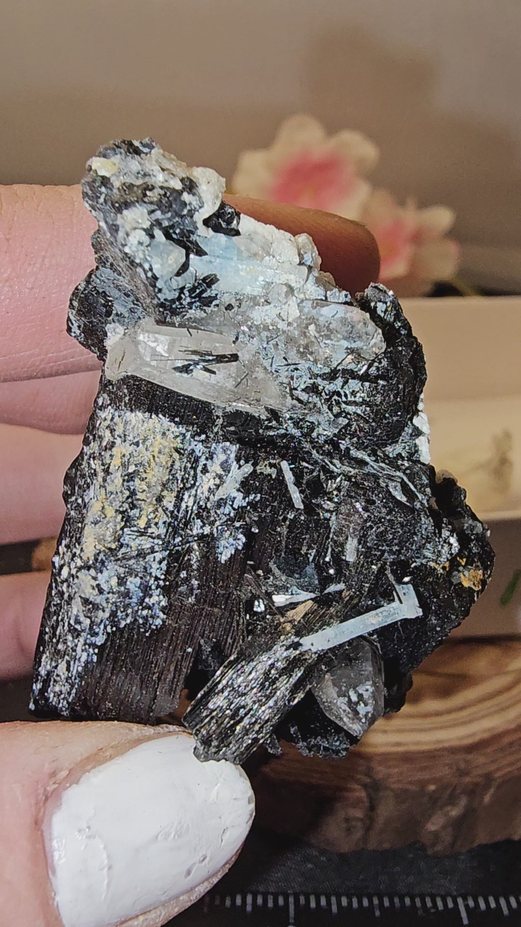 Mercedes Black tourmaline with hyalite opal has aquamarine 75
