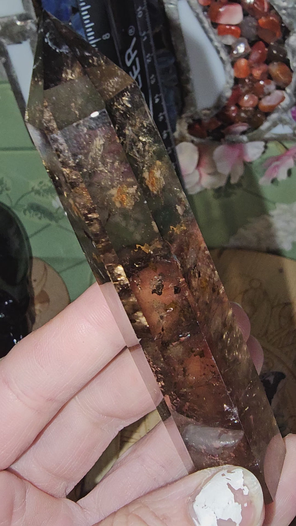 Smokey citrine tower with pyrite inclusions