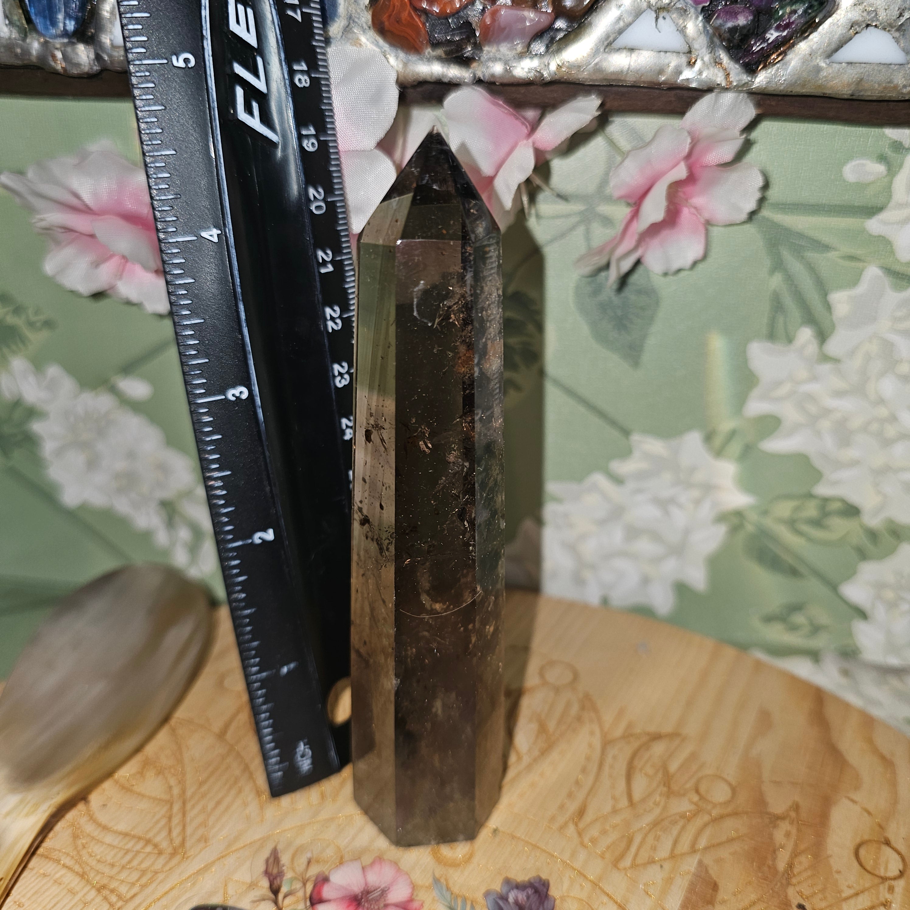 Smokey citrine tower with pyrite inclusions